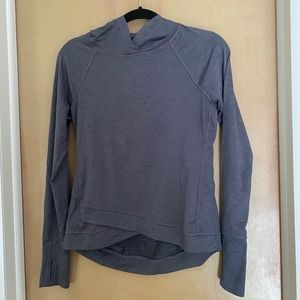 Bluish purple hooded athletic long sleeve with thumb holes